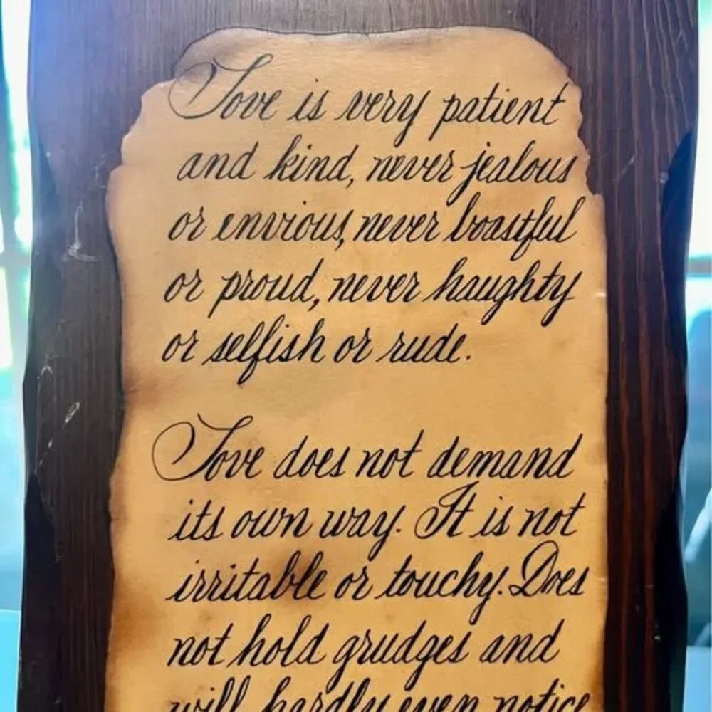 Vintage Wood Wall Plaque. Scroll Art 1 Corinthians 13 Love Scripture - The Livin
